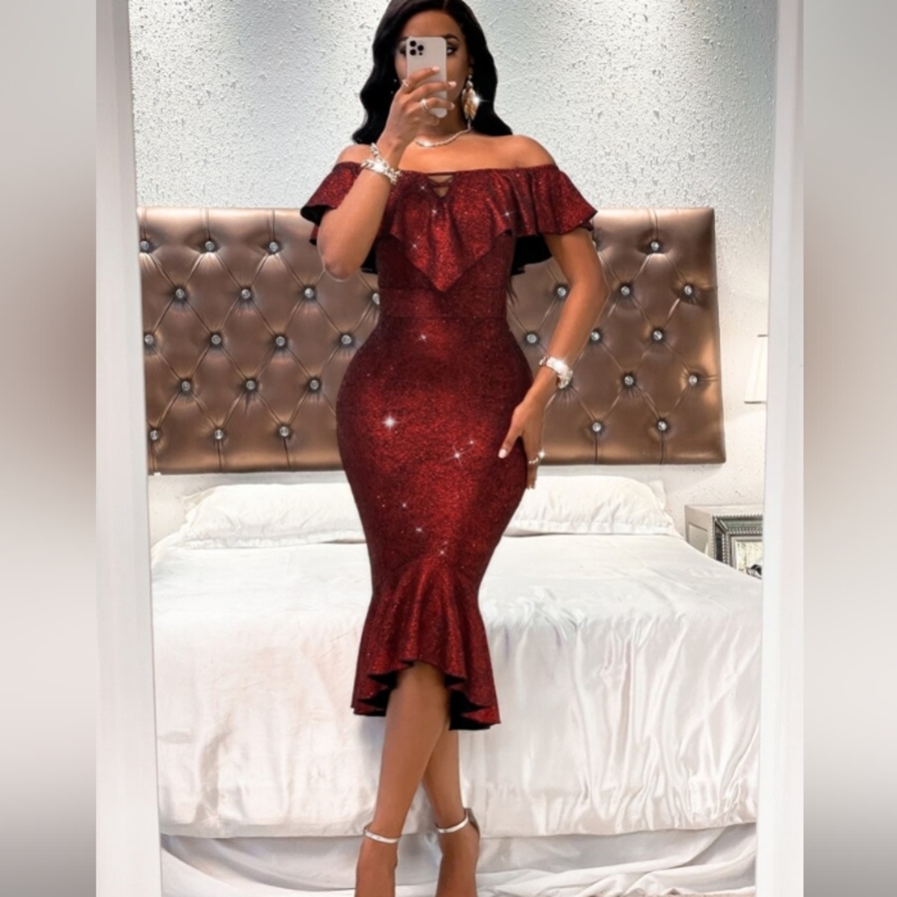 Shein off shoulder ruffle trim mermaid glitter dress size M